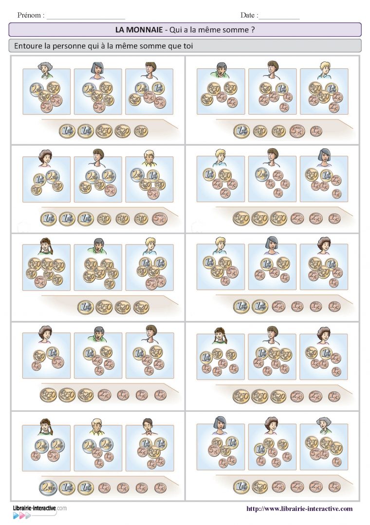 2 Fiches Pour S'entraîner À Échanger Des Sommes D'argent concernant Billets Et Pièces En Euros À Imprimer