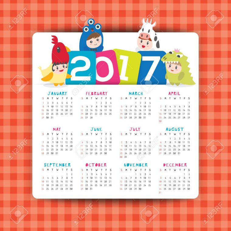 2017 Modèle De Calendrier Vectoriel Avec Dessin Animé Illustration  D'enfants En Costume, La Semaine Commence À Partir De Dimanche tout Calendrier Enfant Semaine