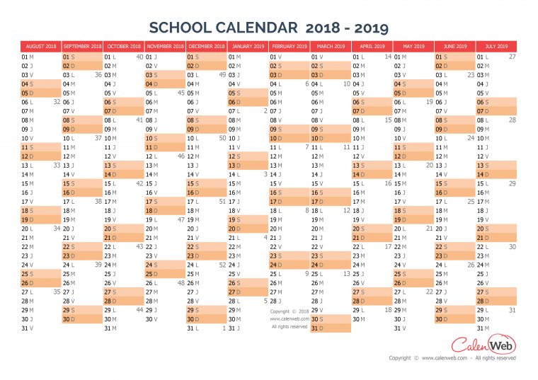 2018-2019 Yearly School Calendar Annual School Calendar à Calendrier Annuel 2018 À Imprimer Gratuit