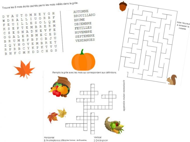 4 Jeux Autour De L'automne (Mots Croisés, Mots Mêlés à Mots Croisés Junior À Imprimer