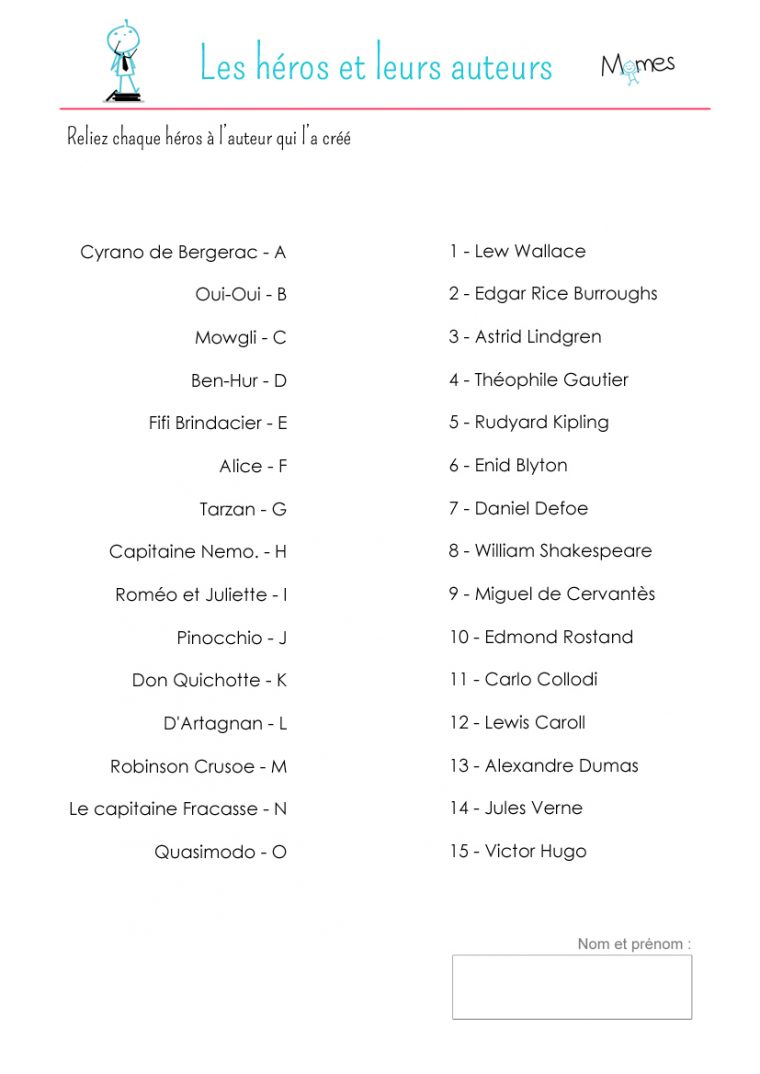 A Chaque Œuvre Son Écrivain – Momes à Jeux A Imprimer Pour 10 Ans
