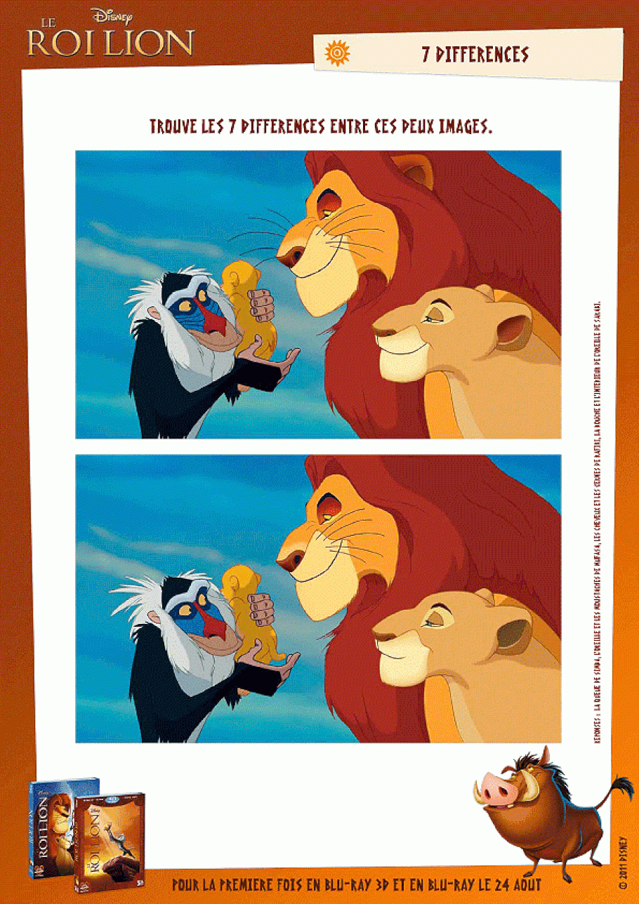 Activité Disney Le Roi Lion Et Les 7 Différences à Trouver Les 7 Erreurs 