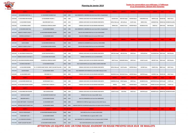 Actualité – Planning Du Mois De Janvier 2019 – Club Basket concernant Planning Annuel 2018