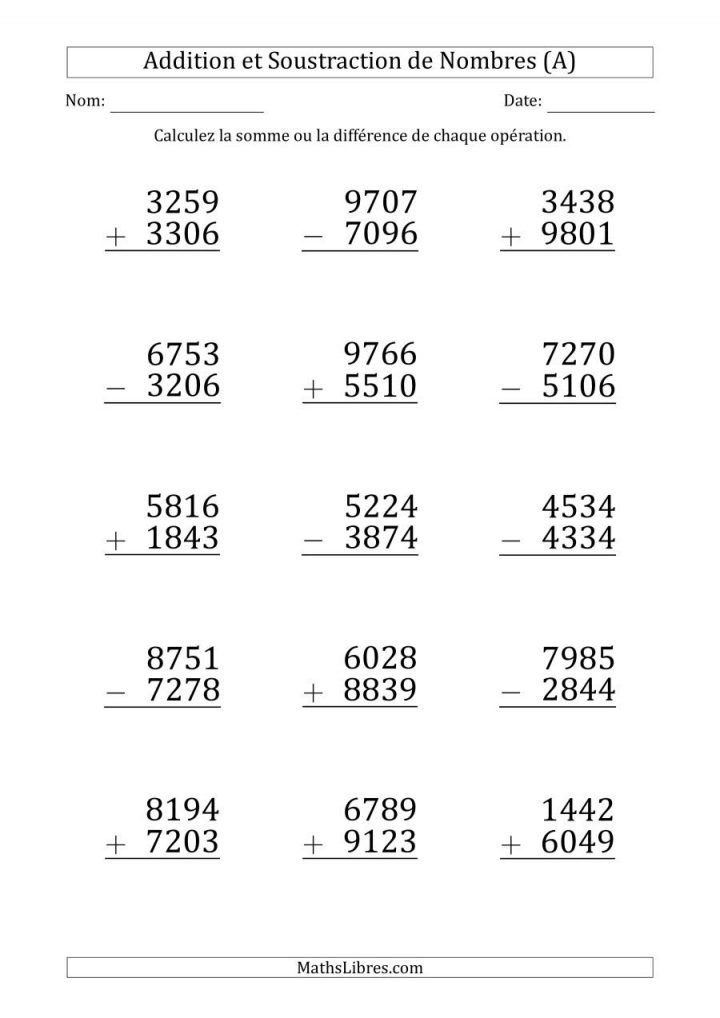 Addition Et Soustraction D'un Nombre À 4 Chiffres Par Un serapportantà Gros Chiffres À Imprimer