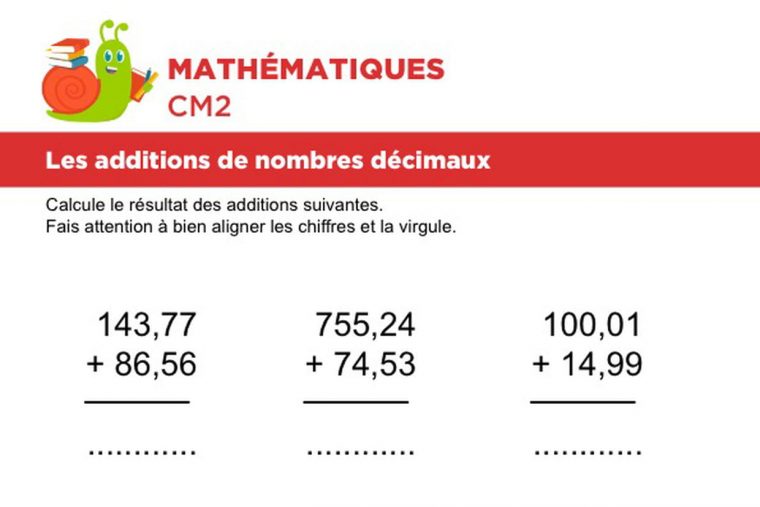 Additions De Nombres Décimaux Niveau 1, Exercice 2 encequiconcerne Exercices De Maths Cm1 À Imprimer Gratuit