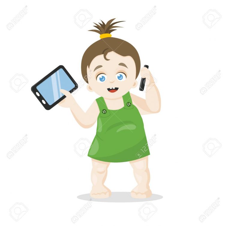 Adorable Petite Fille Caucasienne Avec Des Gadgets. Enfant Utilisant Une  Tablette Et Un Téléphone. Illustration Vectorielle Personnage De Dessin à Tablette Enfant Fille