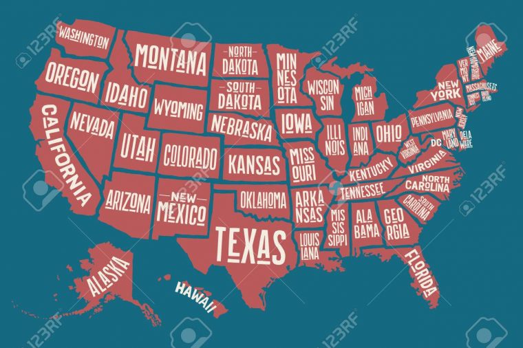 Affiche La Carte Des États-Unis D'amérique Avec Des Noms D'état. Imprimer  La Carte Des Etats-Unis Pour T-Shirt, Une Affiche Ou Thèmes Géographiques. à Carte Des Etats Unis À Imprimer