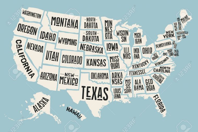 Affiche La Carte Des États-Unis D'amérique Avec Des Noms D'état. Imprimer  La Carte Des Etats-Unis Pour T-Shirt, Une Affiche Ou Thèmes Géographiques. tout Carte Des Etats Unis À Imprimer