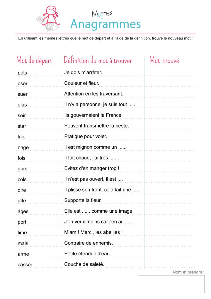 Anagrammes : Exercice – Momes avec Anagrammes À Imprimer