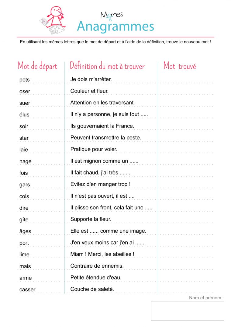 Anagrammes : Exercice – Momes destiné Activité Primaire A Imprimer