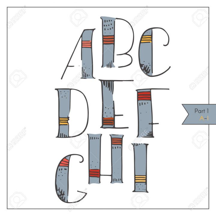 Anglais Hand Alphabet Dessiné Génial, Décoré Et Coloré Pour Le Lettrage Ou  Le Design. Coups Rouge Et Jaune Sur Bleu Décoration, Éclos Et En à Alphabet En Pointillé A Imprimer