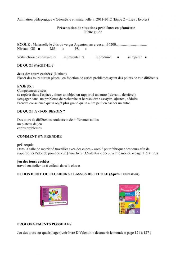 Animation Pédagogique « Géométrie En Maternelle » 2011-2012 avec Jeux Pedagogique Maternelle