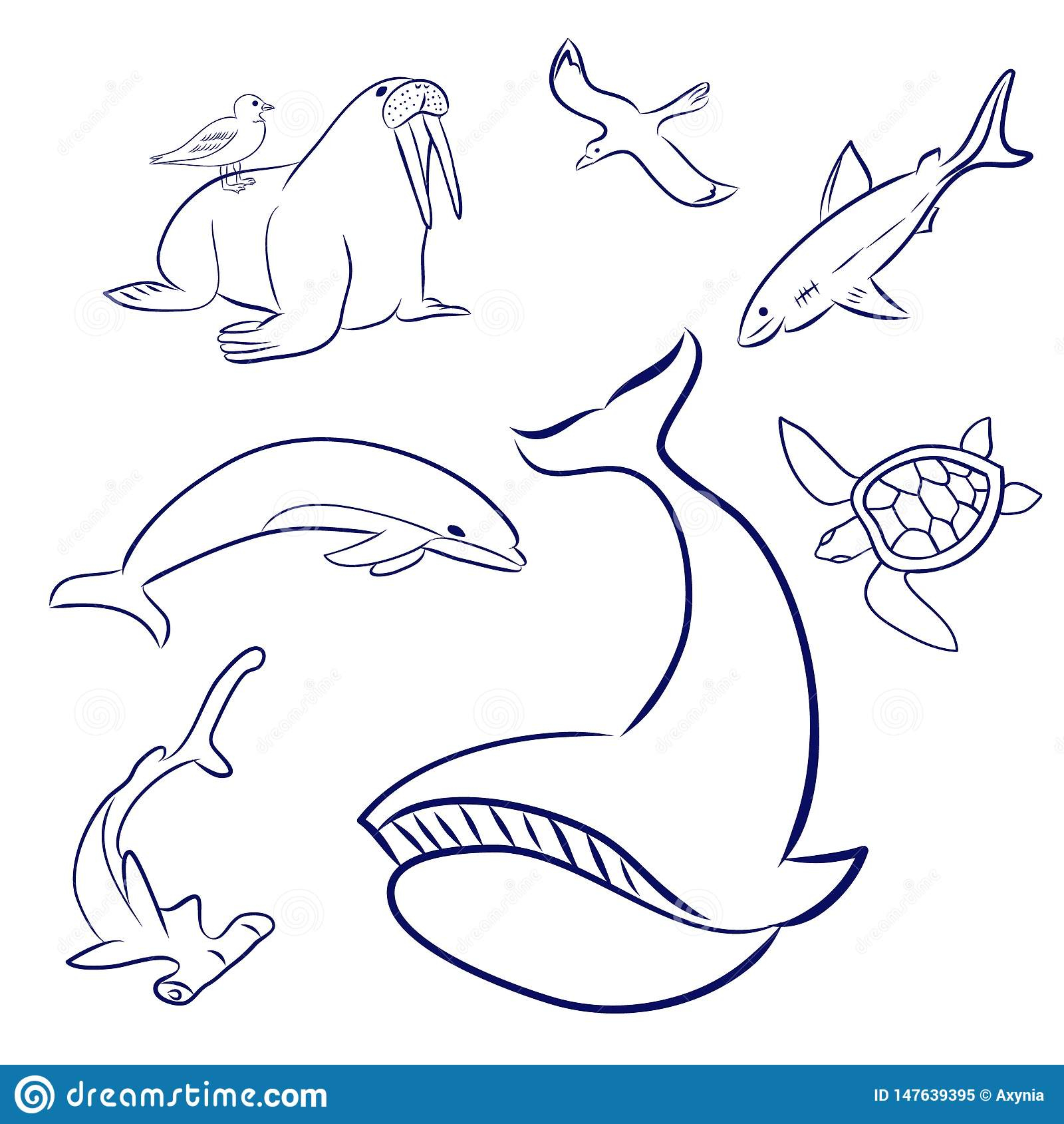 Animaux De Mer De Bande Dessin?e R?gl?s Baleine, Tortue concernant Dessin Dauphin A Imprimer 