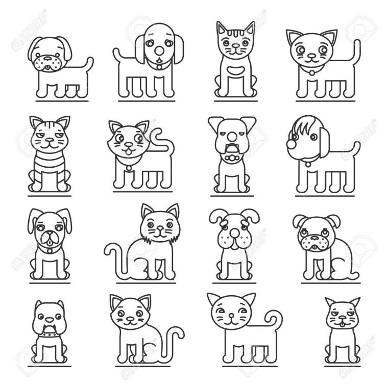 Animaux Ligne Icônes. Chiens Et Chats Décrivent Signes Vecteur. Jeu De Chat  Animal Et Le Chien, Illustration Animaux Chien Et Chat Domestique pour Jeu Cri Des Animaux