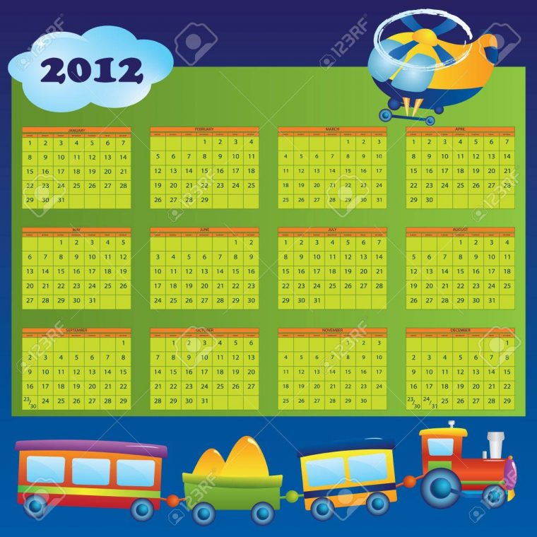 Année 2012 Calendrier Pour Les Enfants. Premier Jour Du Début De La Semaine  Le Dimanche. avec Calendrier Enfant Semaine