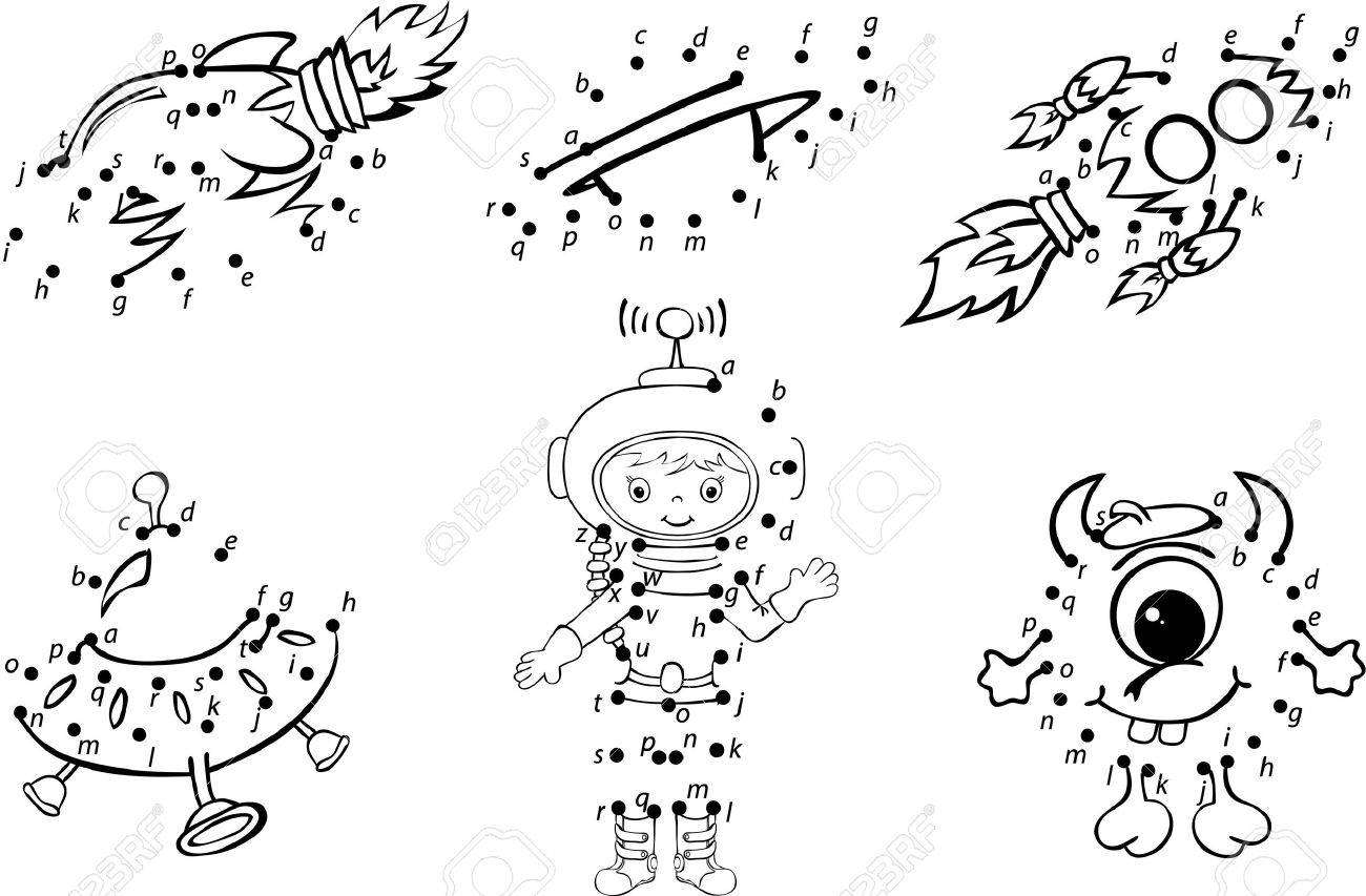 Astronaute De Bande Dessinée, Alien, Des Fusées Et Des Planètes. Vector  Illustration. Coloriage Et Point À Point Jeu Éducatif Pour Les Enfants encequiconcerne Coloriage Astronaute