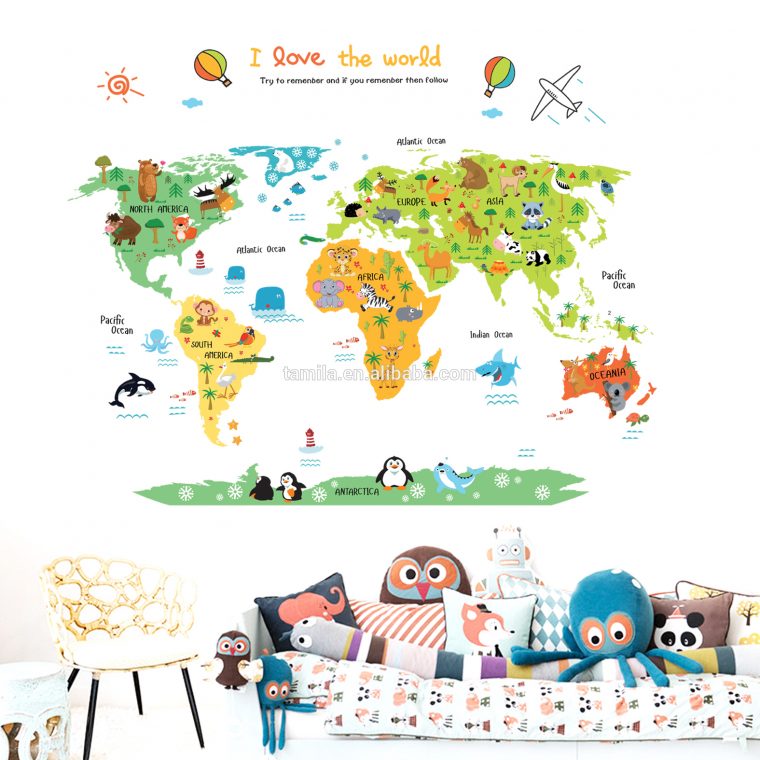 Autocollant Mural Animaux Dessin Animé Autocollant Carte Du Monde Décoratif  Pour Chambre D'enfant – Buy Autocollants 3D De Décoration De Chambre pour Carte Du Monde Enfant