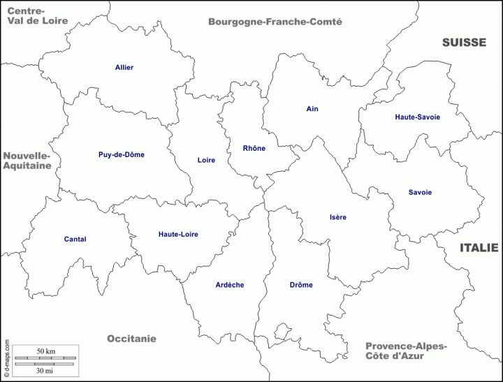 Auvergne-Rhône-Alpes Carte Géographique Gratuite, Carte tout Carte Département Vierge