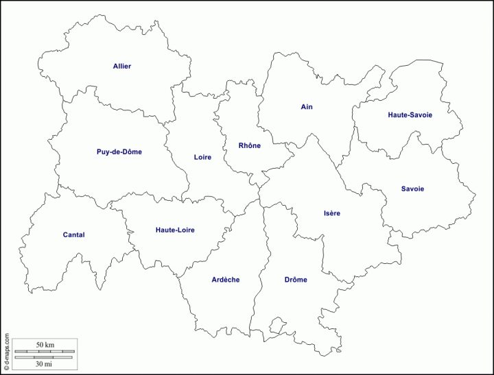 Auvergne-Rhône-Alpes Carte Géographique Gratuite, Carte tout Carte Département Vierge