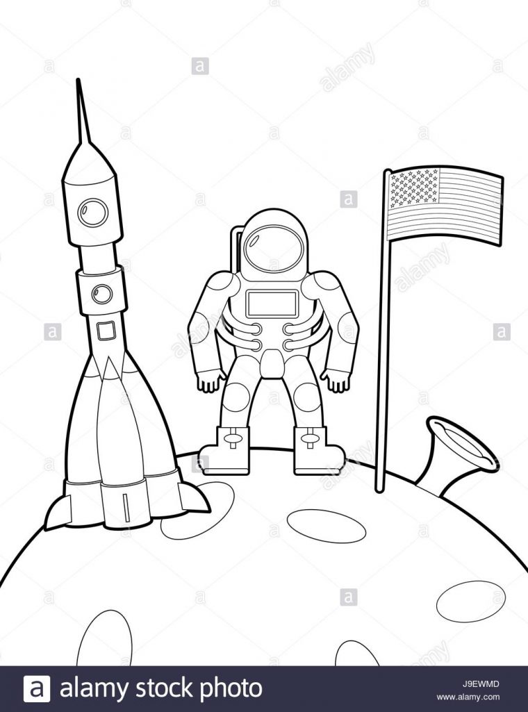 Avec Un Drapeau De L'astronaute Sur La Lune. Fusée De L encequiconcerne Coloriage Astronaute