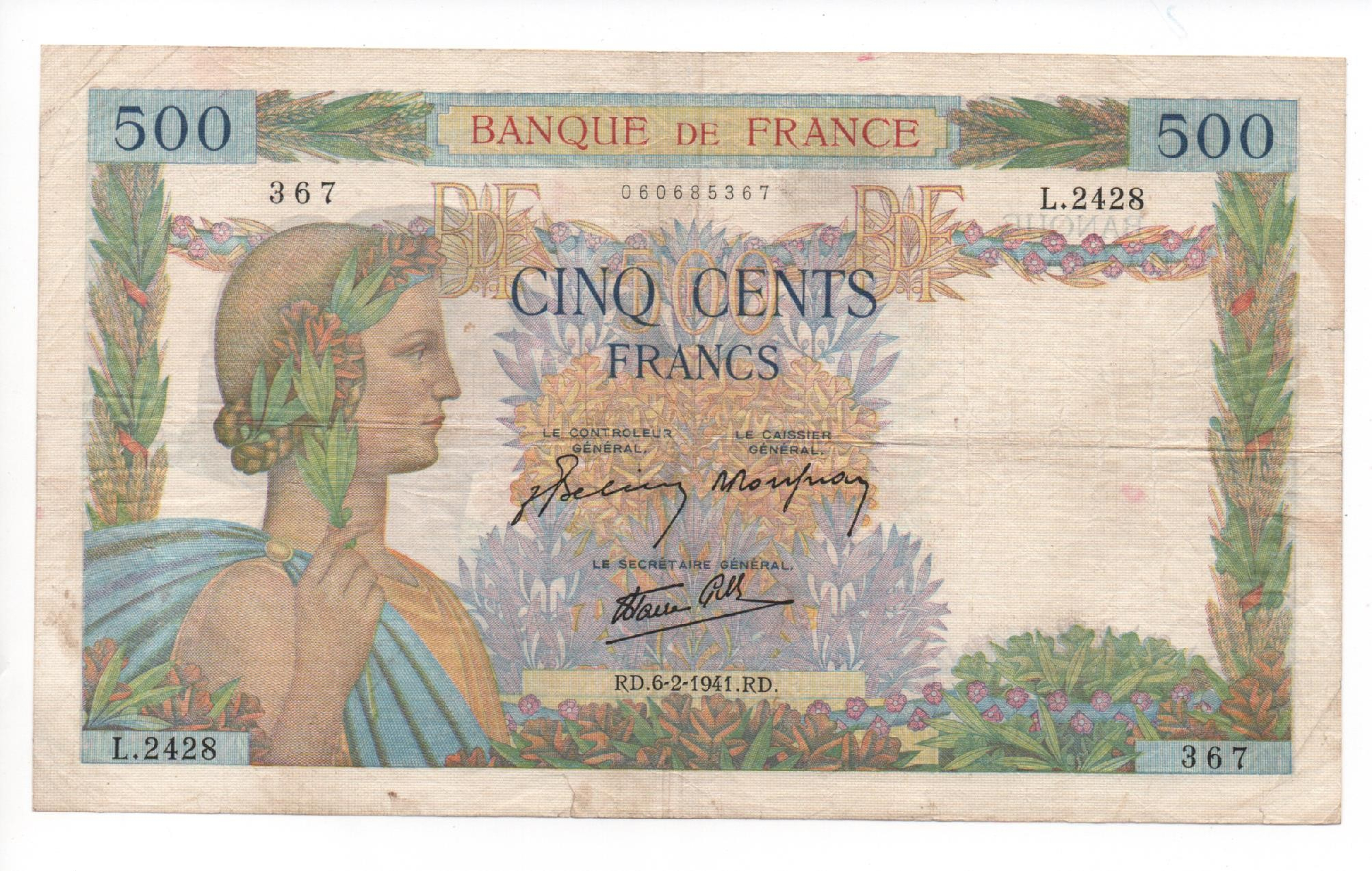 Billet De 500 Francs La Paix Type 1939 - 1942 tout Billet De 5 Euros À Imprimer