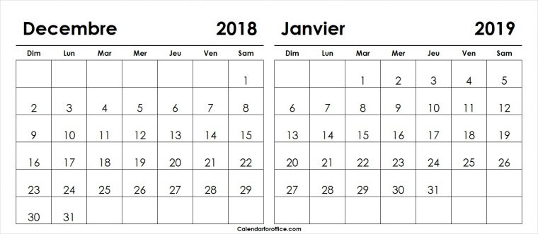 Blanc Calendrier Decembre 2018 Janvier 2019 Modèle De intérieur Calendrier Mensuel 2018 À Imprimer