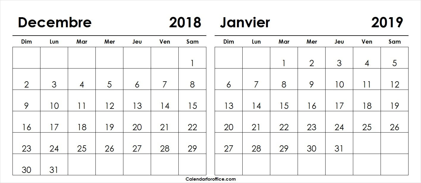 Blanc Calendrier Decembre 2018 Janvier 2019 Modèle De intérieur Calendrier Mensuel 2018 À Imprimer