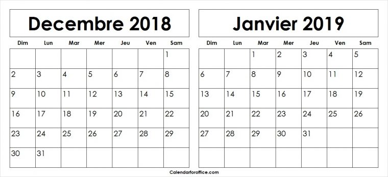 Blanc Decembre 2018 Janvier 2019 Calendrier Modèle De concernant Calendrier Mensuel 2018 À Imprimer