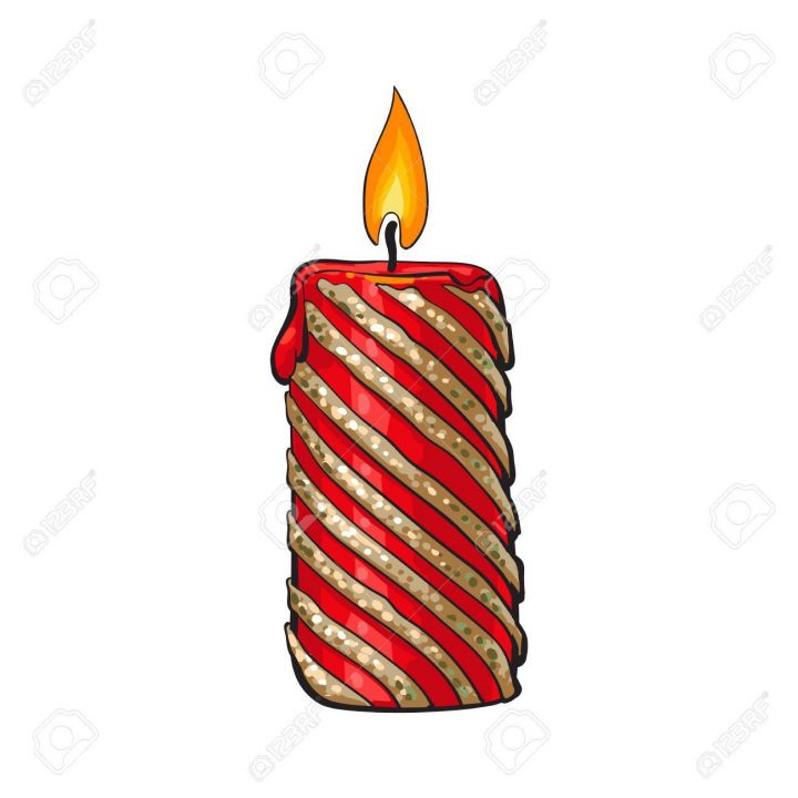 Brûler Noël Bougie, Dessin Animé Illustration Isolé Sur Fond Blanc. Noël,  Rouge Et Or Avènement Bougie De Couleur Avec Une Flamme, Élément De tout Dessin Sur Bougie