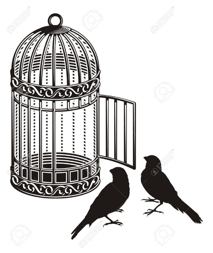 Cage À Oiseaux Métallique Avec Porte Ouverte Et Les Deux Silhouettes  D'oiseaux. dedans Dessin De Cage D Oiseau