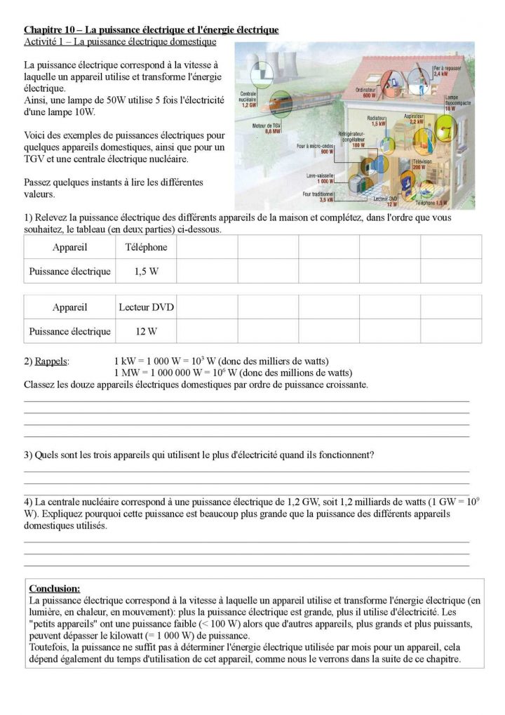 Calaméo – 3E – Chapitre 10 – Fiche 1 Puissance Électrique concernant Puissance 4 A Deux