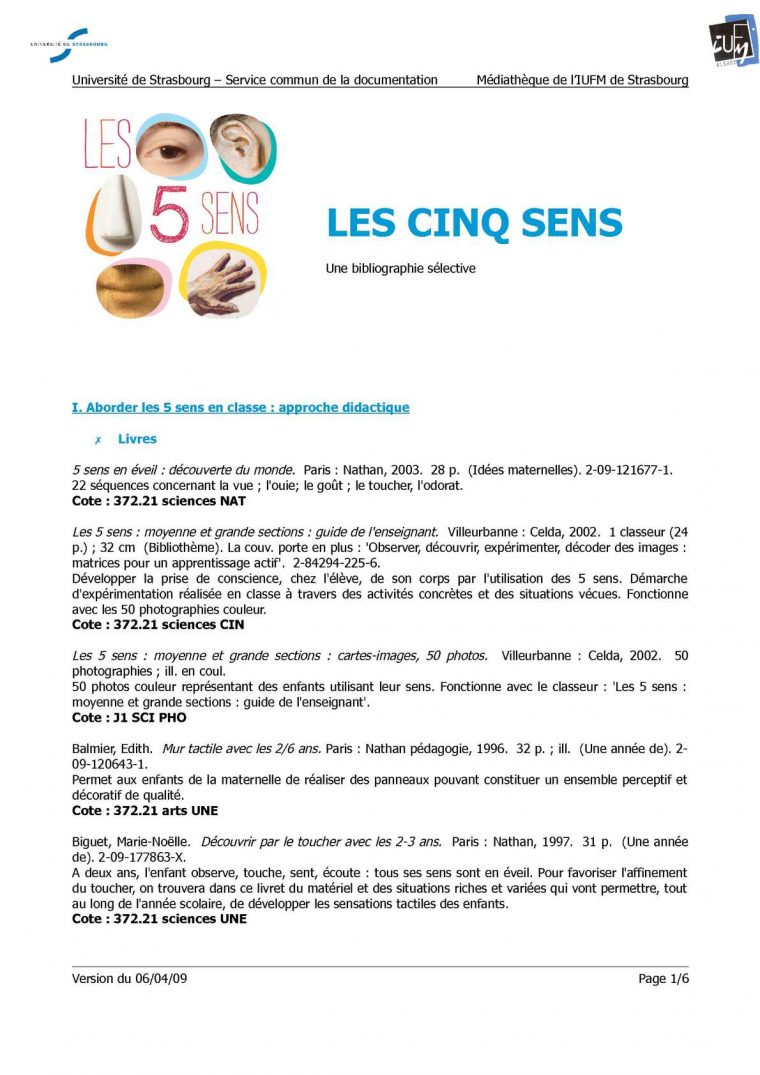 Calaméo – Les Cinq Sens. Une Bibliographie Sélective. concernant Les 5 Sens Activités Maternelle