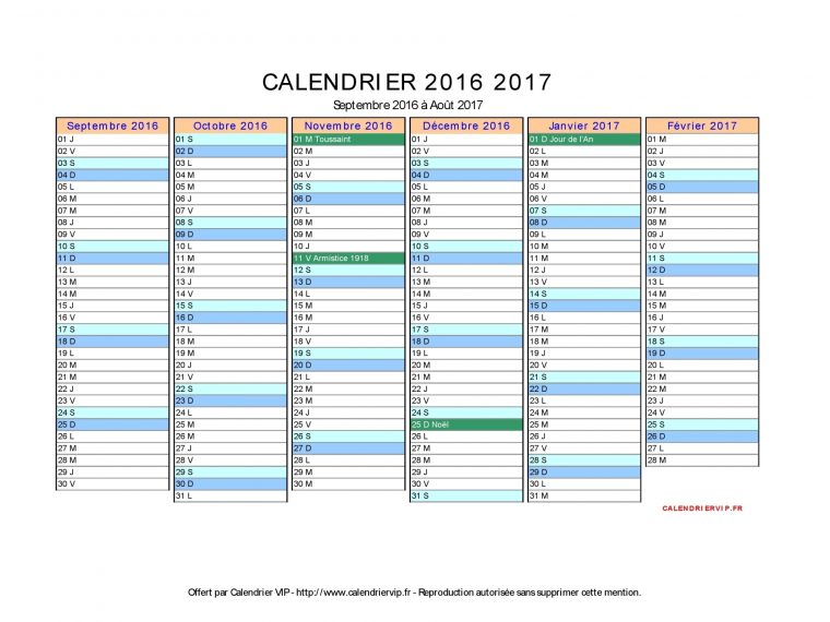 Calendrier 2016 2017 À Imprimer Gratuit En Pdf Et Excel serapportantà Calendrier 2017 Imprimable