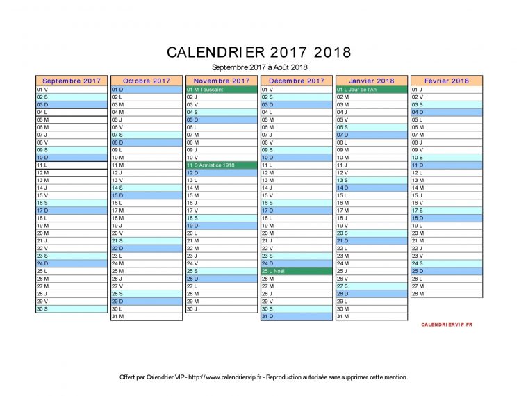 Calendrier 2017 2018 À Imprimer Gratuit En Pdf Et Excel avec Calendrier Annuel 2018 À Imprimer Gratuit