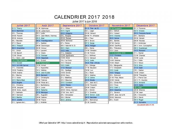 Calendrier 2017 2018 À Imprimer Gratuit En Pdf Et Excel intérieur Calendrier 2018 Avec Jours Fériés Vacances Scolaires À Imprimer