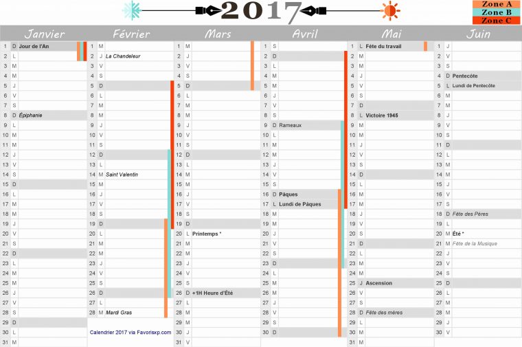 Calendrier 2017 Avec Les Vacances Scolaires Et Jours Fériés encequiconcerne Calendrier 2017 Imprimable