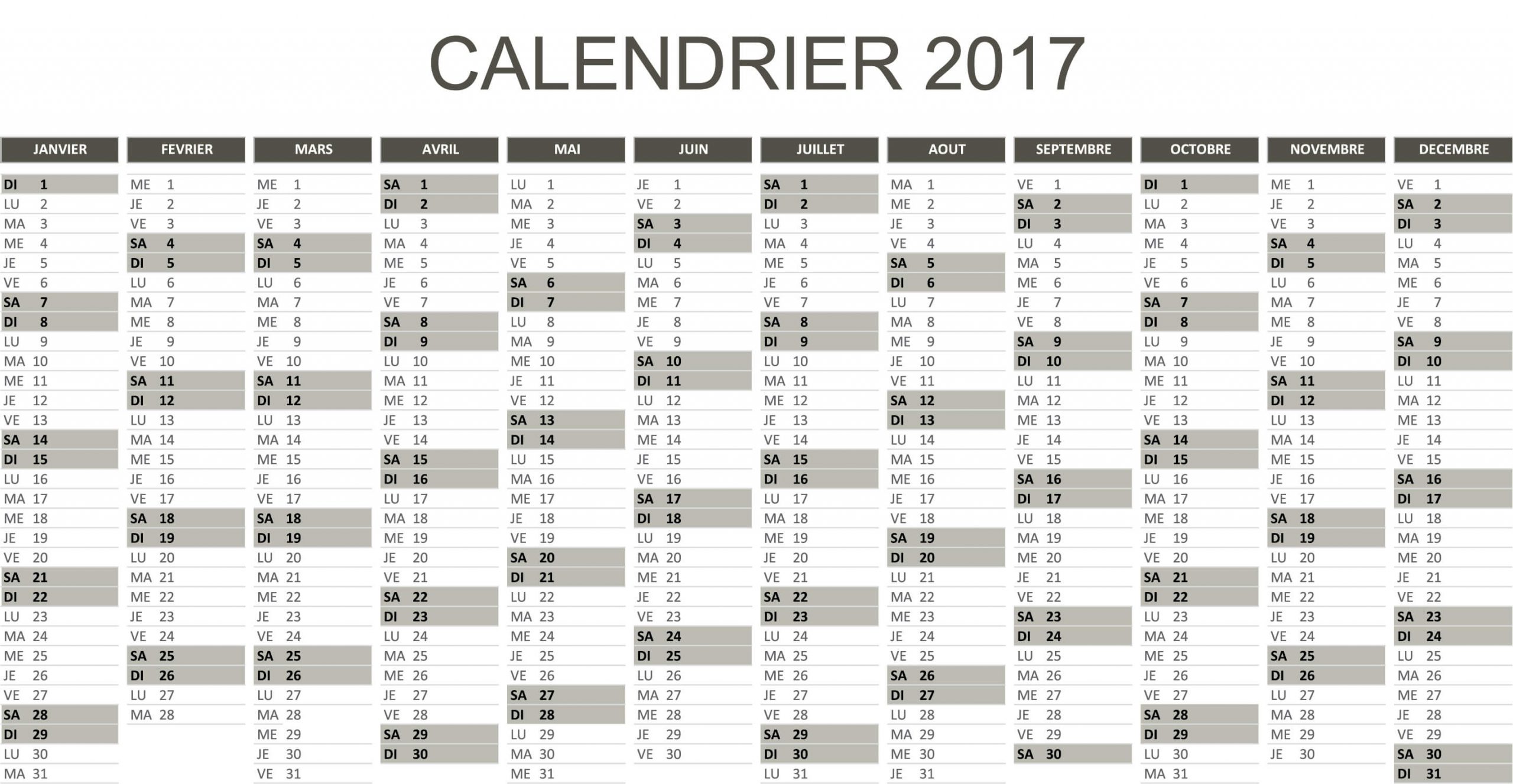 Calendrier 2017 Excel Et Pdf ⇒ À Télécharger Et Imprimer à Calendrier 2017 Imprimable