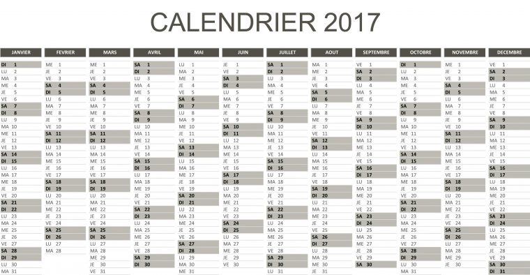 Calendrier 2017 Excel Et Pdf ⇒ À Télécharger Et Imprimer pour Calendrier En Ligne Gratuit A Imprimer