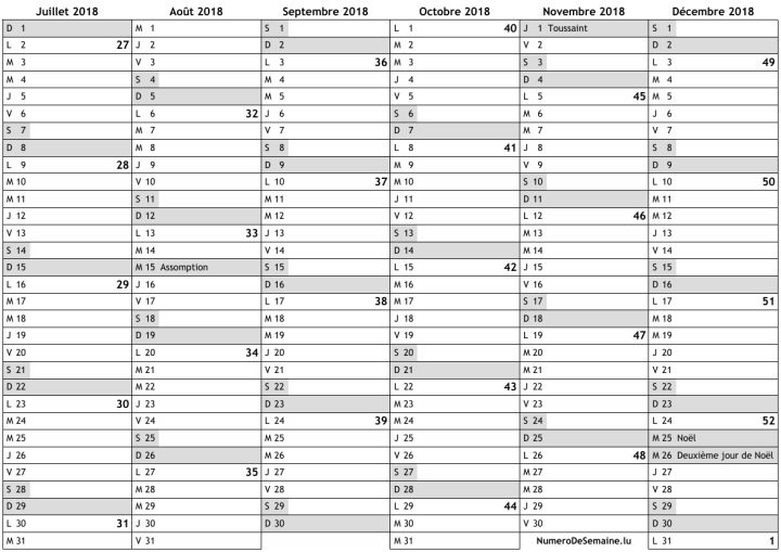 Calendrier 2018, 2Ème Semestre dedans Calendrier 2018 Avec Semaine