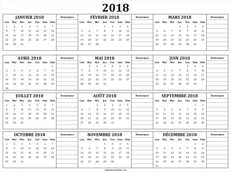 Calendrier 2018 À Imprimer Gratuit | Calendrier Pour Imprimer destiné Calendrier Annuel 2018 À Imprimer