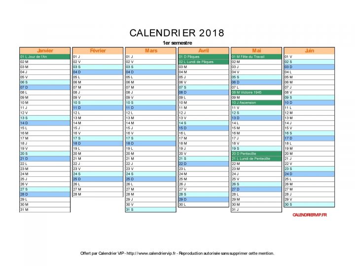 Calendrier 2018 À Imprimer Gratuit En Pdf Et Excel avec Calendrier 2018 Avec Jours Fériés Vacances Scolaires À Imprimer