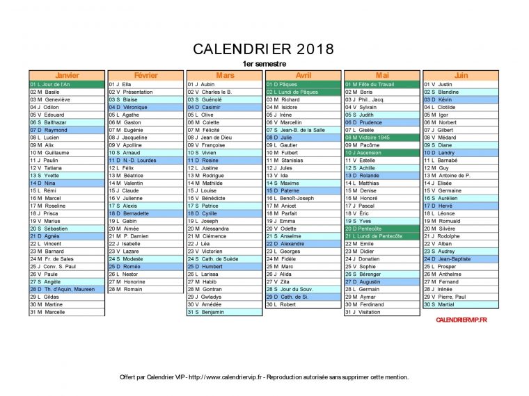 Calendrier 2018 À Imprimer Gratuit En Pdf Et Excel destiné Calendrier 2018 À Imprimer Avec Vacances Scolaires