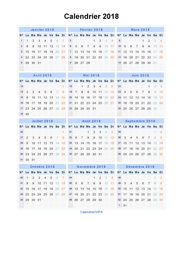 Calendrier 2018 À Imprimer Gratuit En Pdf Et Excel serapportantà Calendrier 2018 Avec Semaine