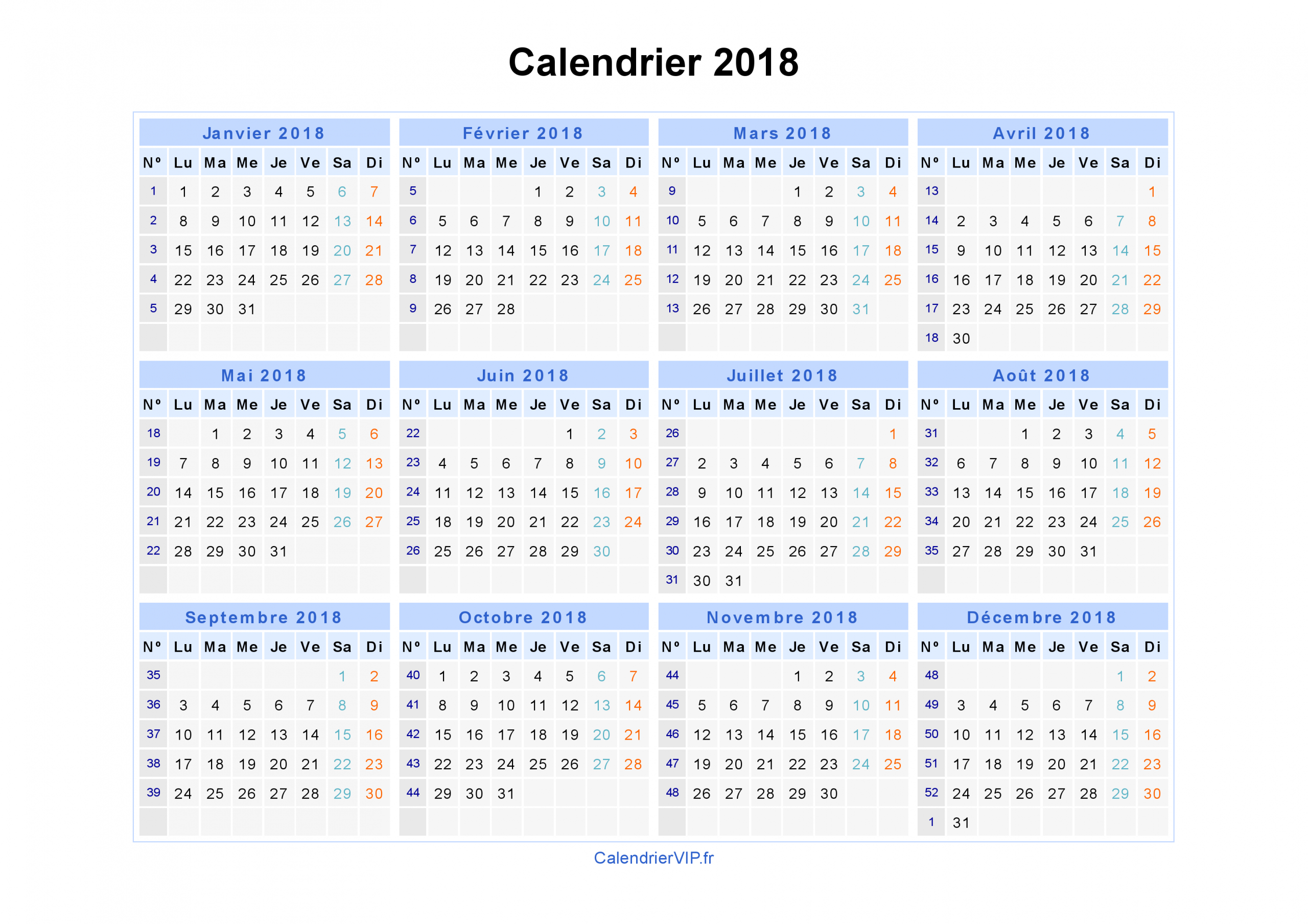 Calendrier 2018 À Imprimer Gratuit En Pdf Et Excel tout Calendrier 2018 Avec Semaine