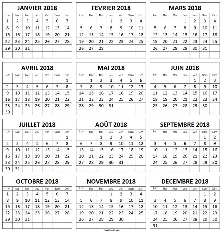 Calendrier 2018 À Imprimer Gratuites | Calendrier 2018 à Calendrier Annuel 2018 À Imprimer