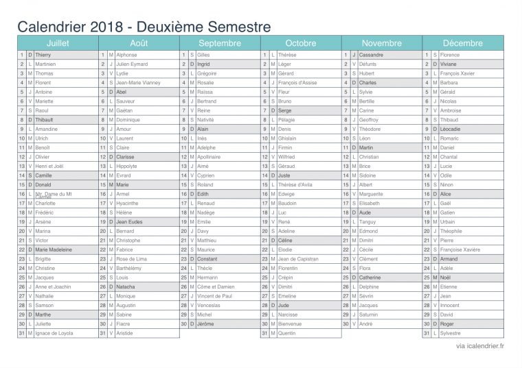 Calendrier 2018 À Imprimer Pdf Et Excel – Icalendrier destiné Calendrier 2Ème Semestre 2018