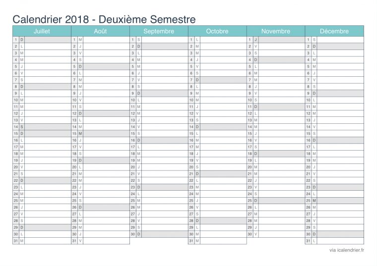 Calendrier 2018 À Imprimer Pdf Et Excel – Icalendrier destiné Calendrier 2Ème Semestre 2018