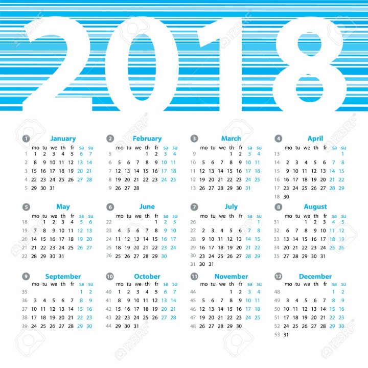 Calendrier 2018 Années Modèle De Dessin Vectoriel Avec Des Numéros De  Semaine Et Mois. Belle Conception De Vecteur. serapportantà Calendrier 2018 Avec Semaine