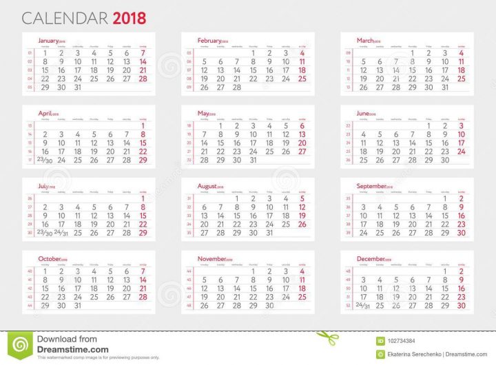 Calendrier 2018 Avec Le Calibre De Semaines Débuts Lundi à Calendrier 2018 Avec Semaine