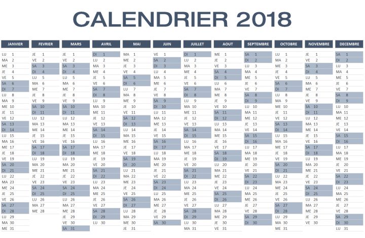 Calendrier 2018 Excel À Télécharger Gratuitement concernant Calendrier 2018 Imprimable Gratuit